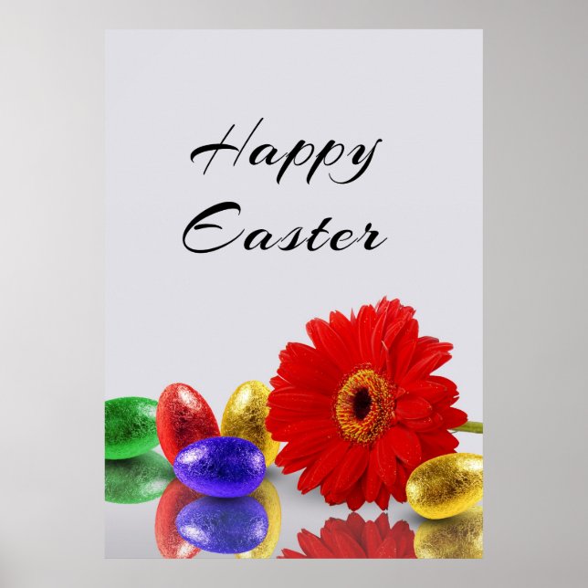 Colourful Happy Easter Eggs with Gerbera Poster (Front)