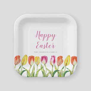 Colourful Happy Easter Floral Watercolor Tulip Paper Plate