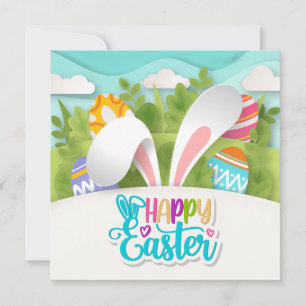 Colourful Happy Easter Party Bunny Ears and Egg Holiday Card