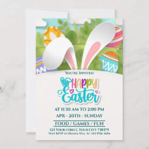 Colourful Happy Easter Party Bunny Ears and Egg Holiday Card