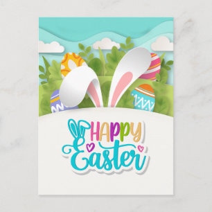 Colourful Happy Easter Party Bunny Ears and Egg Postcard