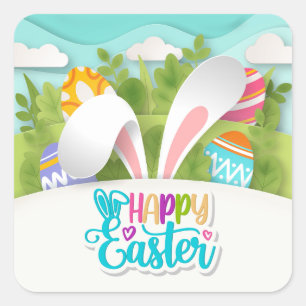 Colourful Happy Easter Party Bunny Ears and Egg Square Sticker