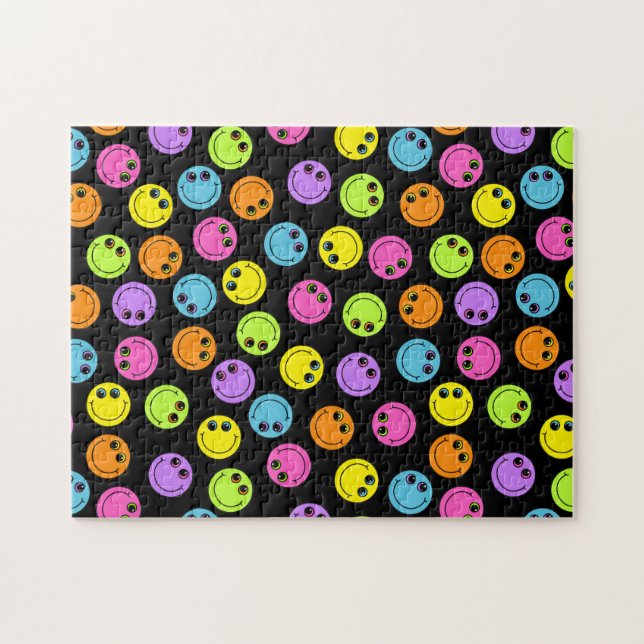 Colourful Happy Emoji Faces on Black Jigsaw Puzzle (Horizontal)