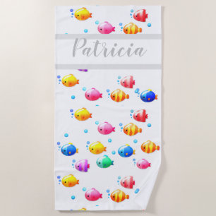 Colourful Happy Fish with Bubbles  Beach Towel