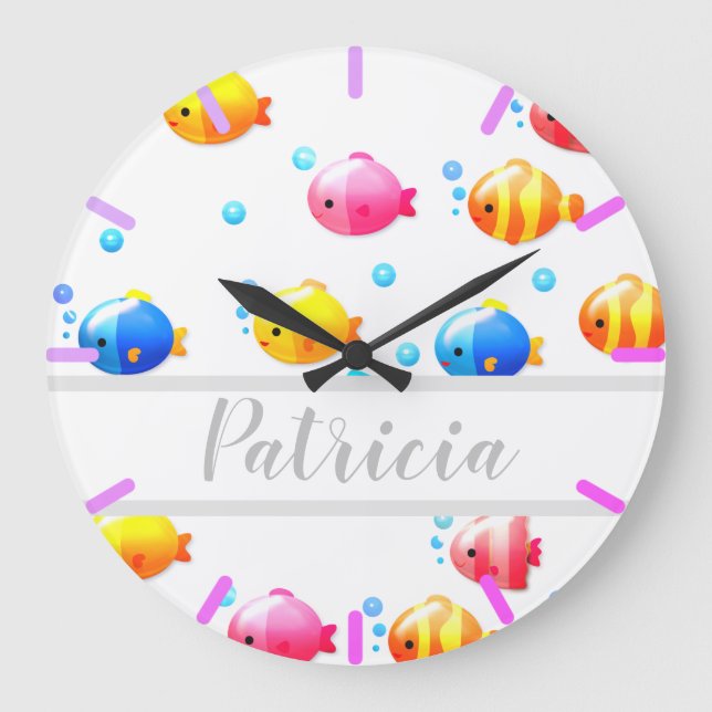 Colourful Happy Fish with Bubbles  Large Clock (Front)