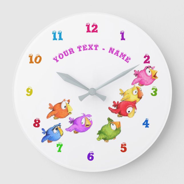 Colourful Happy Flying Birds - Add Text / Name Large Clock (Front)