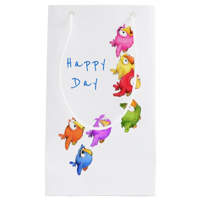 Colourful Happy Flying Birds - Cute Funny Sparrows Small Gift Bag (Front)