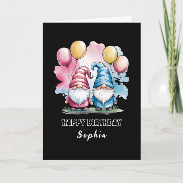 Colourful happy gnomes with balloons card (Front)