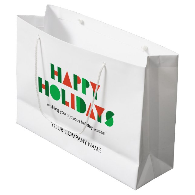 Colourful Happy Holidays Custom Company Name Large Gift Bag (Front Angled)