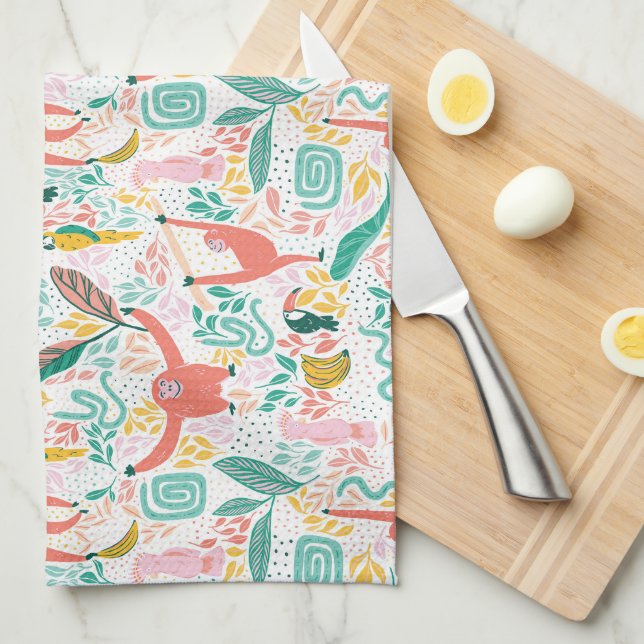 Colourful Happy Jungle Animals Tropical Pattern Tea Towel (Quarter Fold)