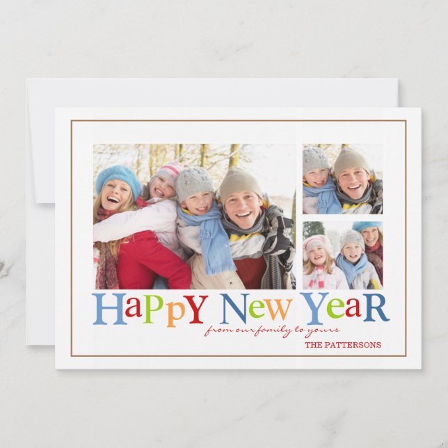 Colourful Happy New Year Three Picture Photo Card (Front)