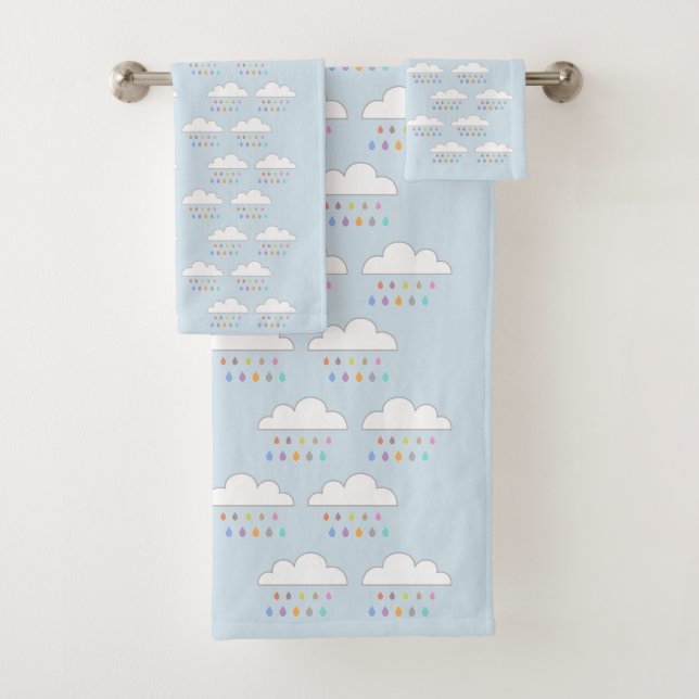 Colourful happy raindrops from white fluffy clouds bath towel set (Insitu)