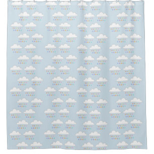 Colourful happy raindrops from white fluffy clouds shower curtain