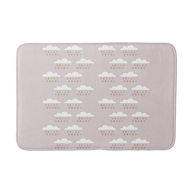 Colourful happy raindrops white fluffy clouds blus bath mat (Front)
