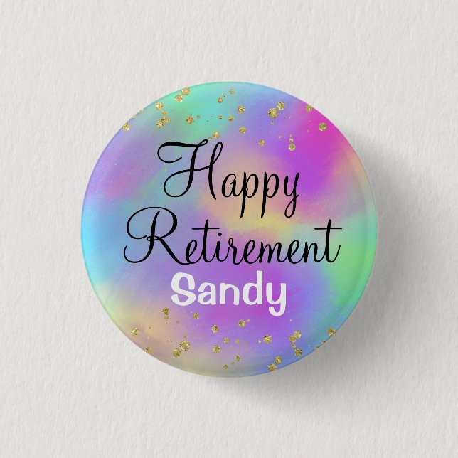 Colourful Happy Retirement Unicorn Gold Glitter 3 Cm Round Badge (Front)