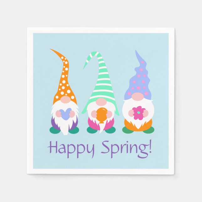 Colourful Happy Spring Gnomes Greetings Napkin (Front)