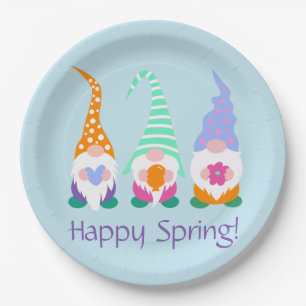 Colourful Happy Spring Gnomes Greetings Paper Plate