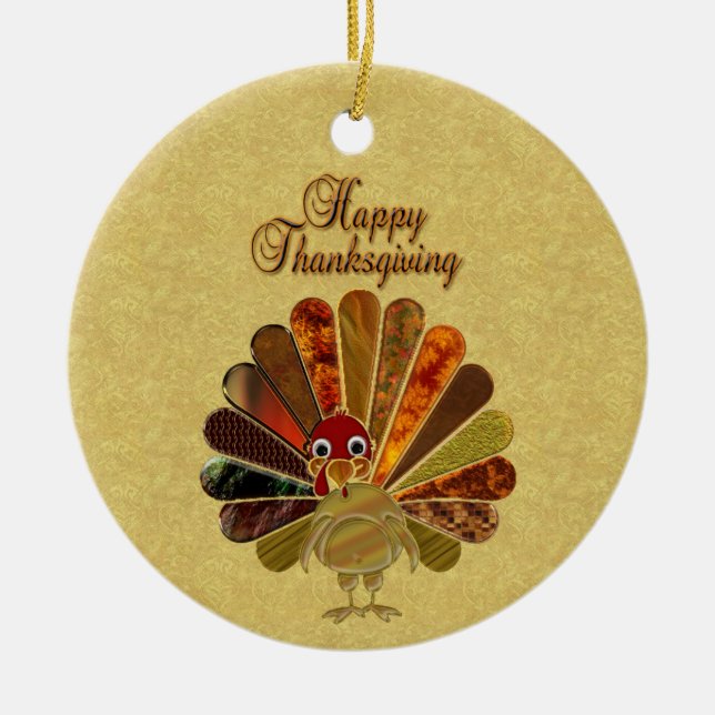 Colourful Happy Thanksgiving Turkey Ceramic Tree Decoration (Front)