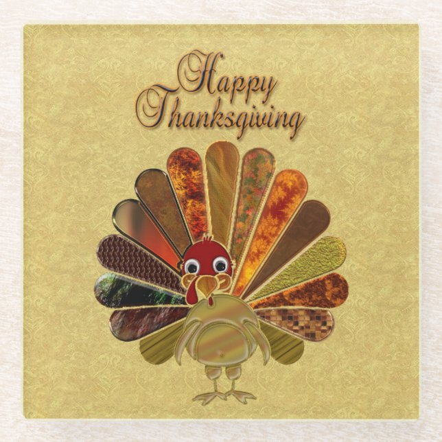 Colourful Happy Thanksgiving Turkey Glass Coaster (Front)