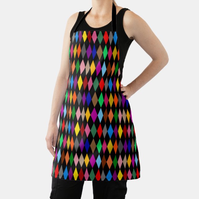 Colourful Harlequin Diamonds Design Black  Apron (Insitu)
