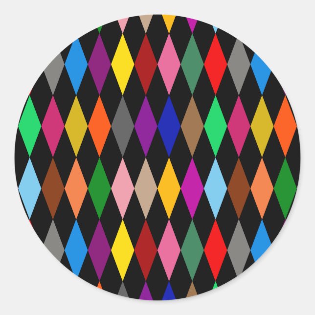 Colourful Harlequin Diamonds Design Black  Classic Round Sticker (Front)