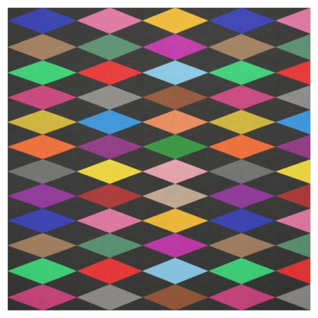Colourful Harlequin Diamonds Design Black  Fabric (Swatch)