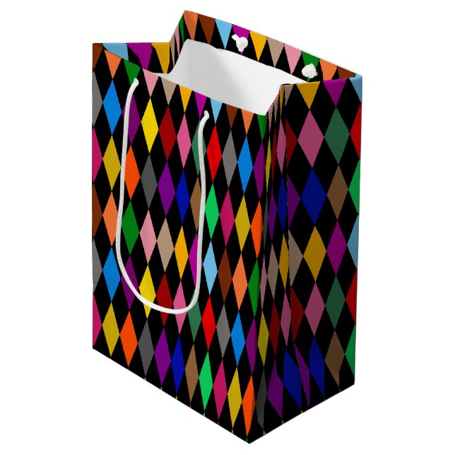 Colourful Harlequin Diamonds Design Black  Medium Gift Bag (Front Angled)