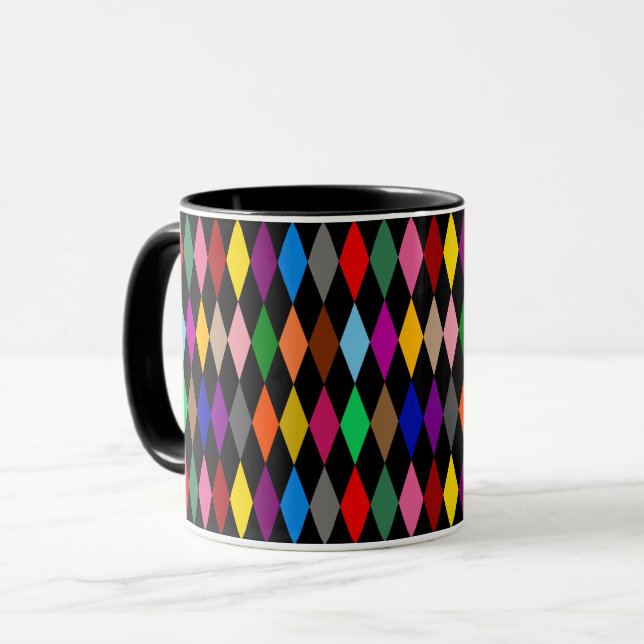 Colourful Harlequin Diamonds Design Black  Mug (Front Left)