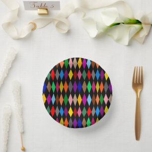 Colourful Harlequin Diamonds Design Black Paper Plate