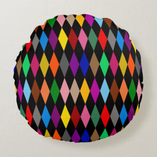 Colourful Harlequin Diamonds Design Black Round Cushion