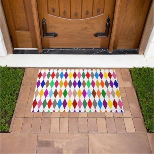 Colourful Harlequin Diamonds Design White Doormat