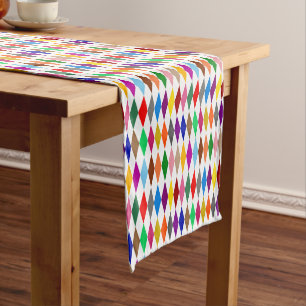 Colourful Harlequin Diamonds Design White Short Table Runner
