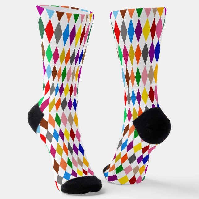 Colourful Harlequin Diamonds Design White  Socks (Angled)