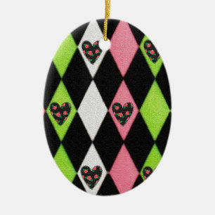 Colourful Harlequin Print with Rose Hearts Ceramic Tree Decoration