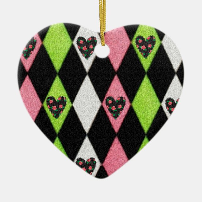 Colourful Harlequin Print with Rose Hearts Ceramic Tree Decoration (Front)