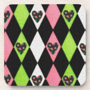 Colourful Harlequin Print with Rose Hearts Coaster