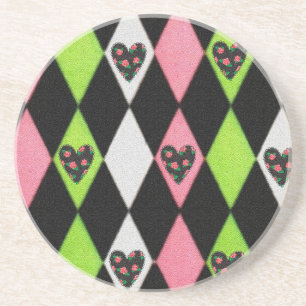 Colourful Harlequin Print with Rose Hearts Coaster