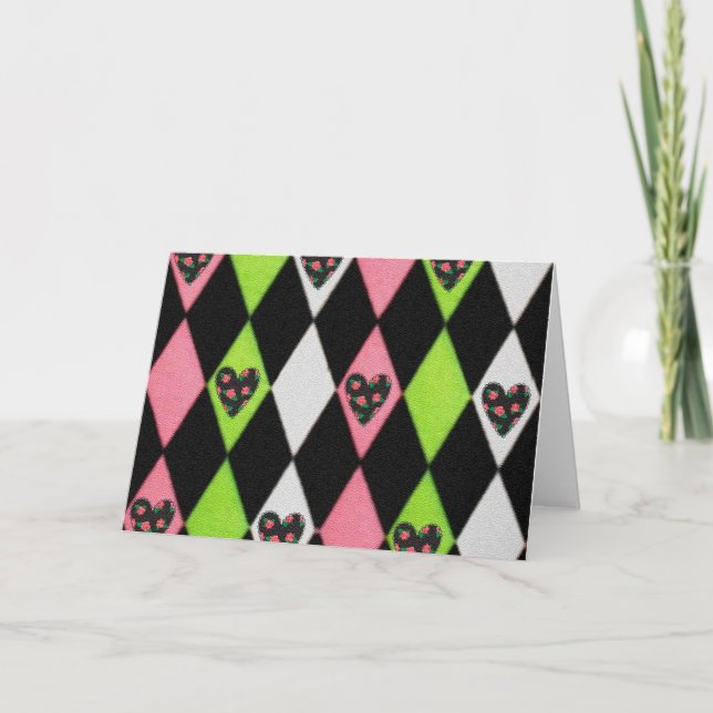 Colourful Harlequin Print with Rose Hearts Holiday Card (Front)
