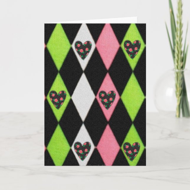 Colourful Harlequin Print with Rose Hearts Holiday Card (Front)