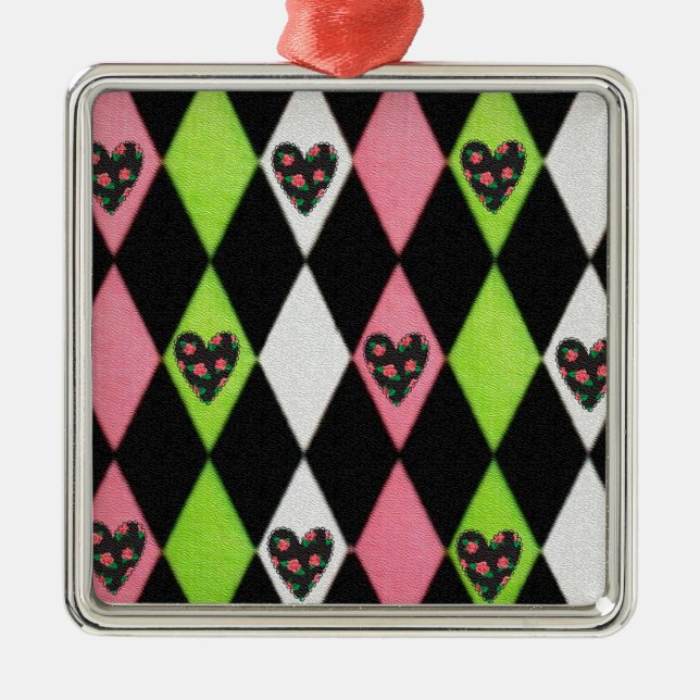 Colourful Harlequin Print with Rose Hearts Metal Tree Decoration (Front)