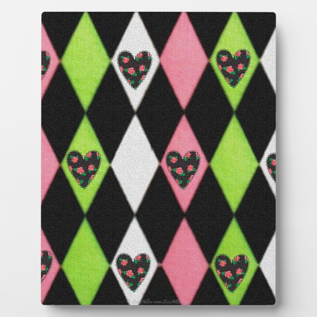 Colourful Harlequin Print with Rose Hearts Plaque (Front)
