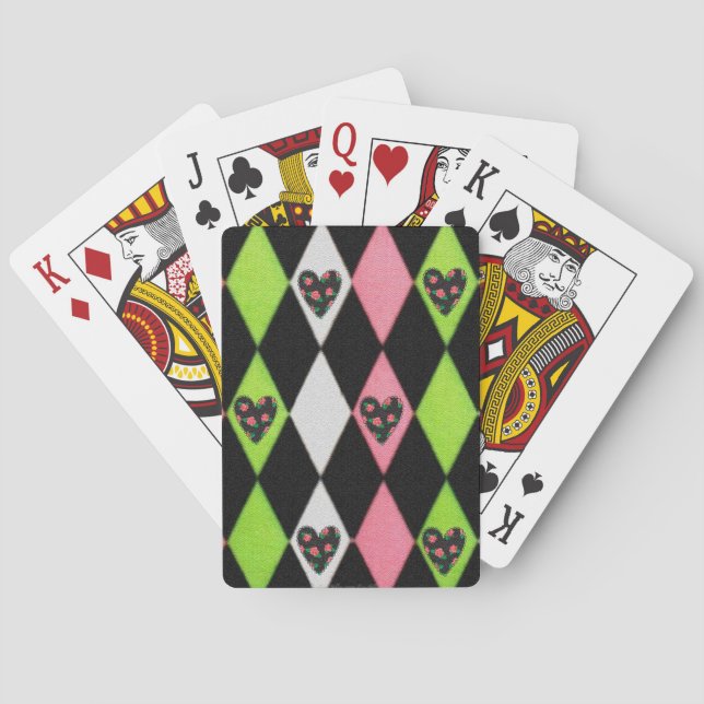 Colourful Harlequin Print with Rose Hearts Playing Cards (Back)