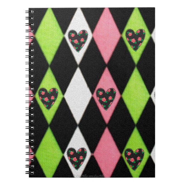 Colourful Harlequin Print with Rose Hearts Spiral Notebook (Front)
