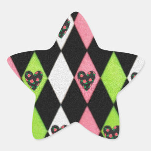 Colourful Harlequin Print with Rose Hearts Star Sticker