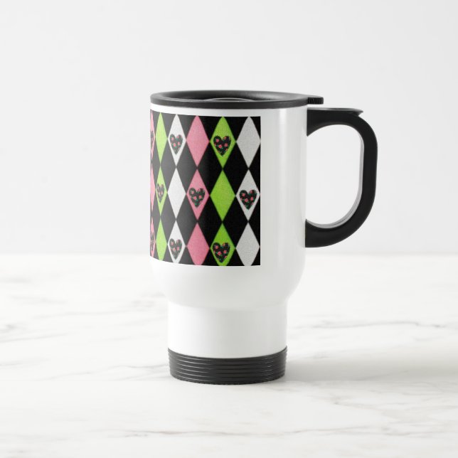 Colourful Harlequin Print with Rose Hearts Travel Mug (Right)