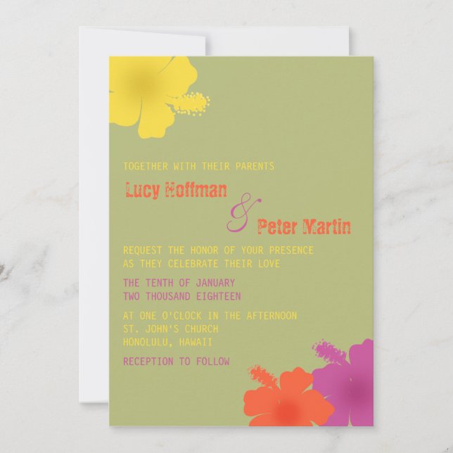Colourful Hawaiian Hibiscus Wedding Invitation (Front)
