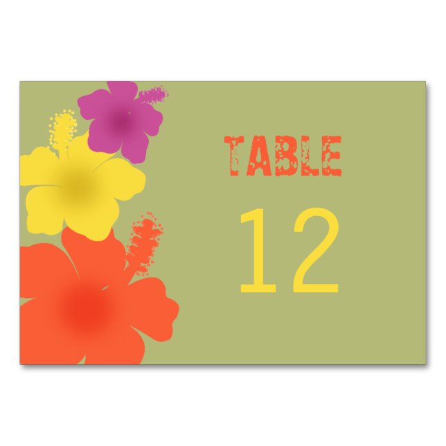 Colourful Hawaiian Hibiscus Wedding Table Card (Front)