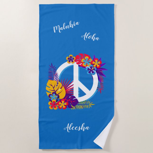 Colourful Hawaiian Peace, Love, Your Name Blue Beach Towel (Front)
