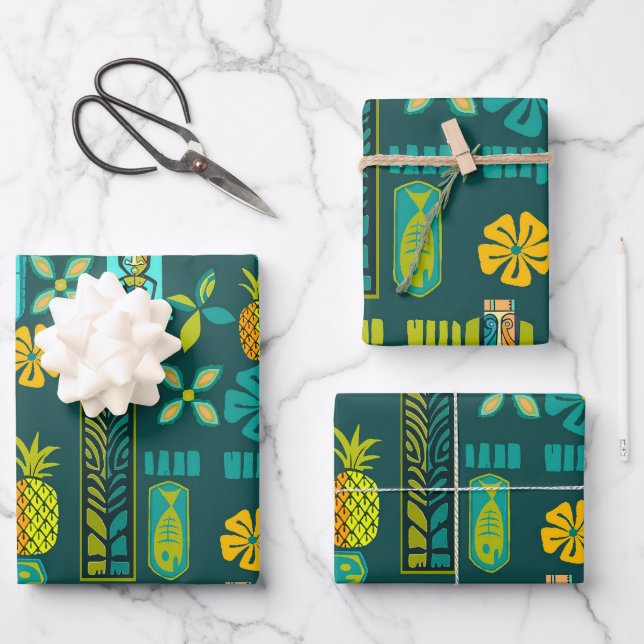 Colourful Hawaiian Tiki and Fish  Wrapping Paper Sheet (Front)