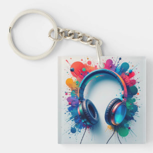 Colourful Headphones with Vibrant Paint Splash Key Ring
